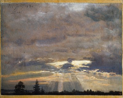 Wolkstudie met zonnestralen door Johan Christian Dahl